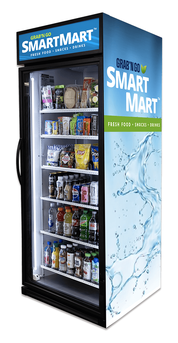 SmartMart vending machine stocked with fresh food, snacks, and drinks